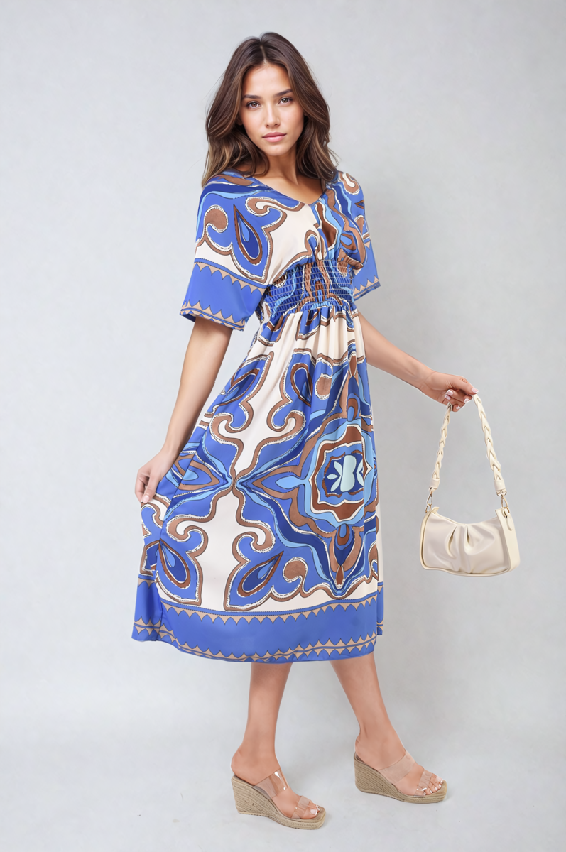 She Wears Glory™ Ruched Printed V-Neck Short Sleeve Midi Dress