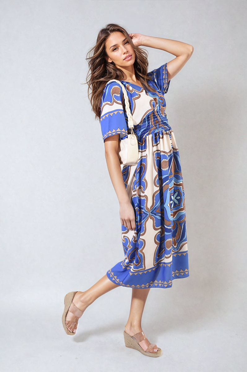 She Wears Glory™ Ruched Printed V-Neck Short Sleeve Midi Dress
