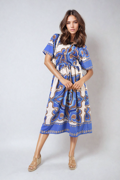 She Wears Glory™ Ruched Printed V-Neck Short Sleeve Midi Dress
