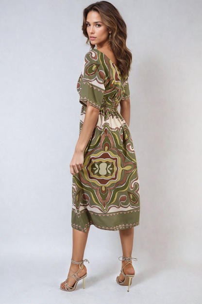 She Wears Glory™ Ruched Printed V-Neck Short Sleeve Midi Dress