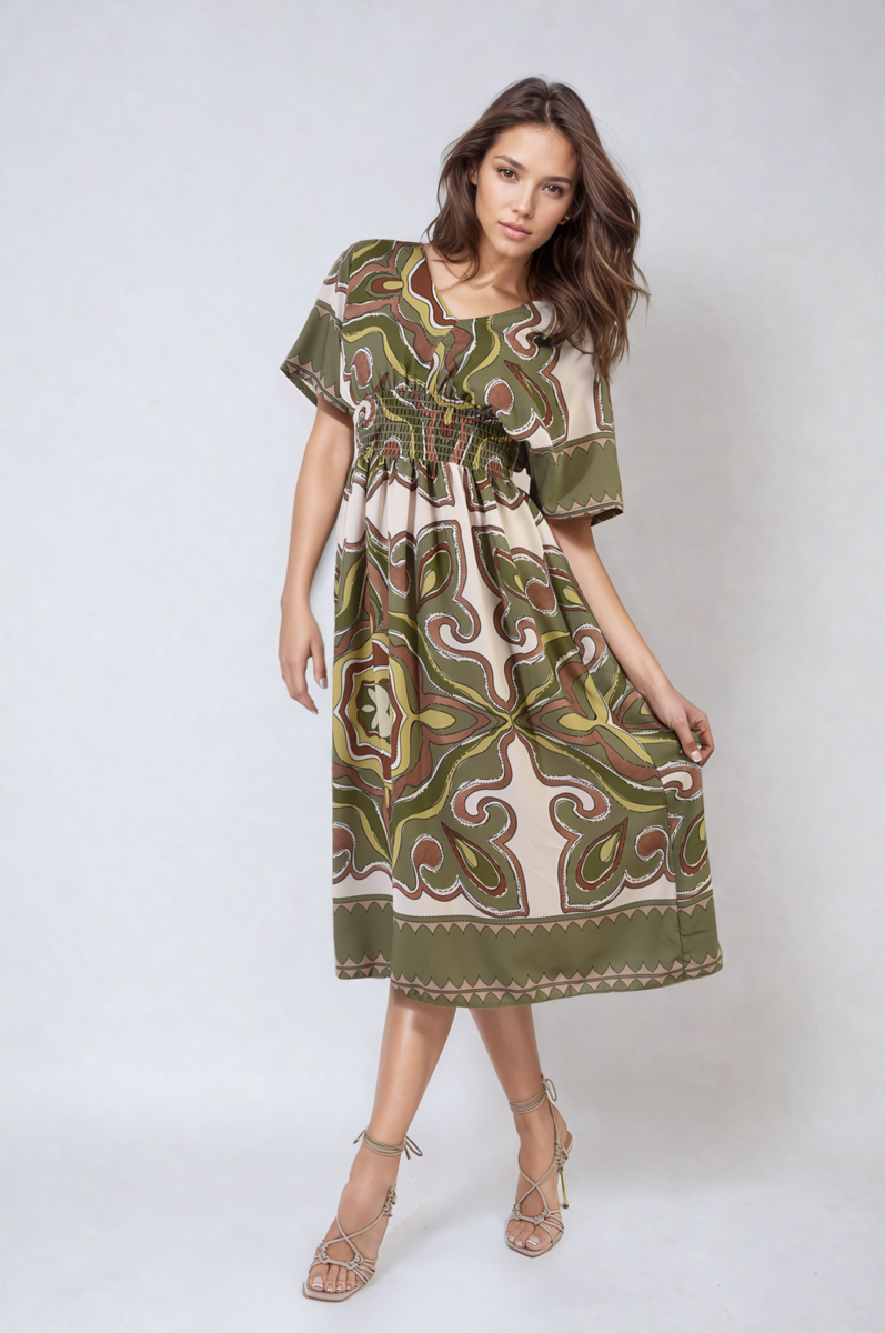 She Wears Glory™ Ruched Printed V-Neck Short Sleeve Midi Dress
