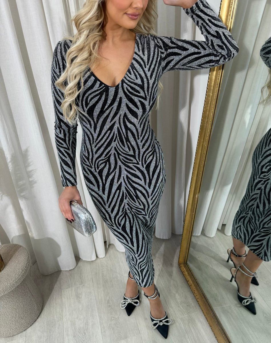 Printed V-Neck Long Sleeve Glitter Midi Dress - She Wears Glory Beverly Hills