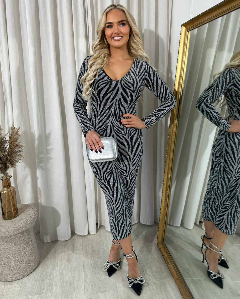 Printed V-Neck Long Sleeve Glitter Midi Dress - She Wears Glory Beverly Hills