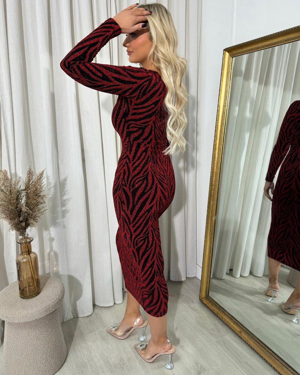 Printed V-Neck Long Sleeve Glitter Midi Dress - She Wears Glory Beverly Hills
