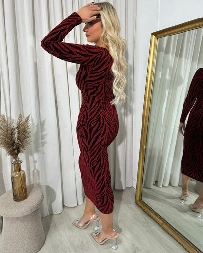 Printed V-Neck Long Sleeve Glitter Midi Dress - She Wears Glory Beverly Hills