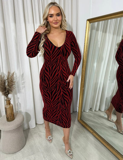 Printed V-Neck Long Sleeve Glitter Midi Dress - She Wears Glory Beverly Hills