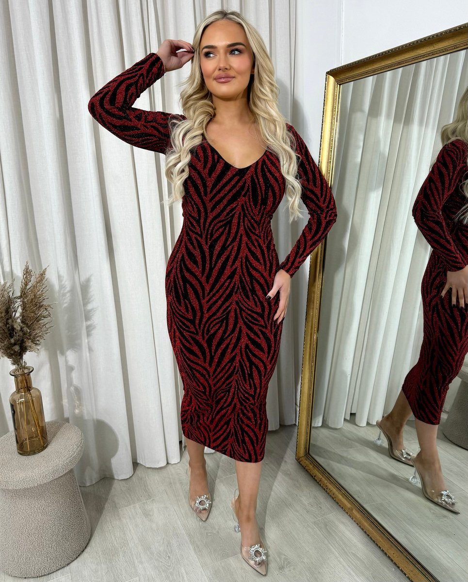 Printed V-Neck Long Sleeve Glitter Midi Dress - She Wears Glory Beverly Hills