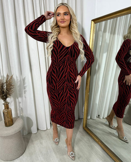 Printed V-Neck Long Sleeve Glitter Midi Dress - She Wears Glory Beverly Hills