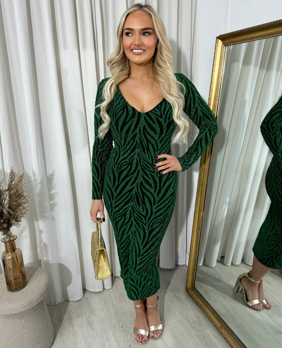 Printed V-Neck Long Sleeve Glitter Midi Dress - She Wears Glory Beverly Hills