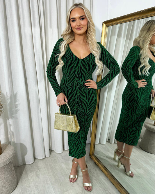 Printed V-Neck Long Sleeve Glitter Midi Dress - She Wears Glory Beverly Hills