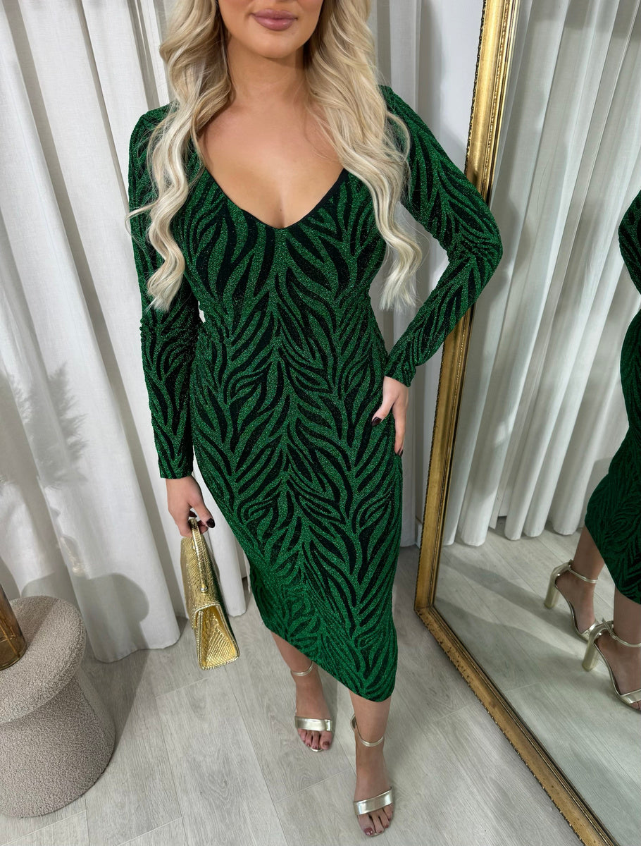 Printed V-Neck Long Sleeve Glitter Midi Dress - She Wears Glory Beverly Hills