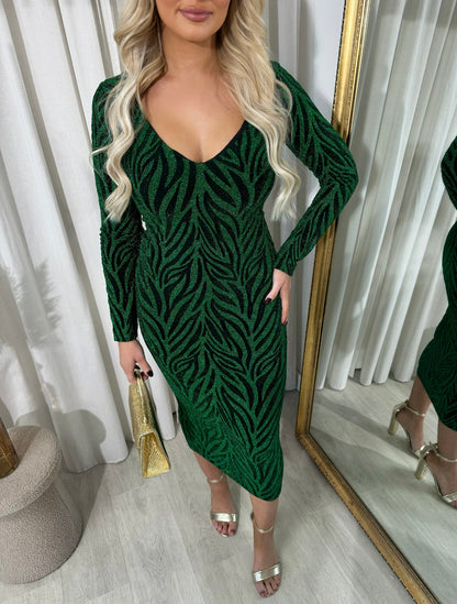 Printed V-Neck Long Sleeve Glitter Midi Dress - She Wears Glory Beverly Hills