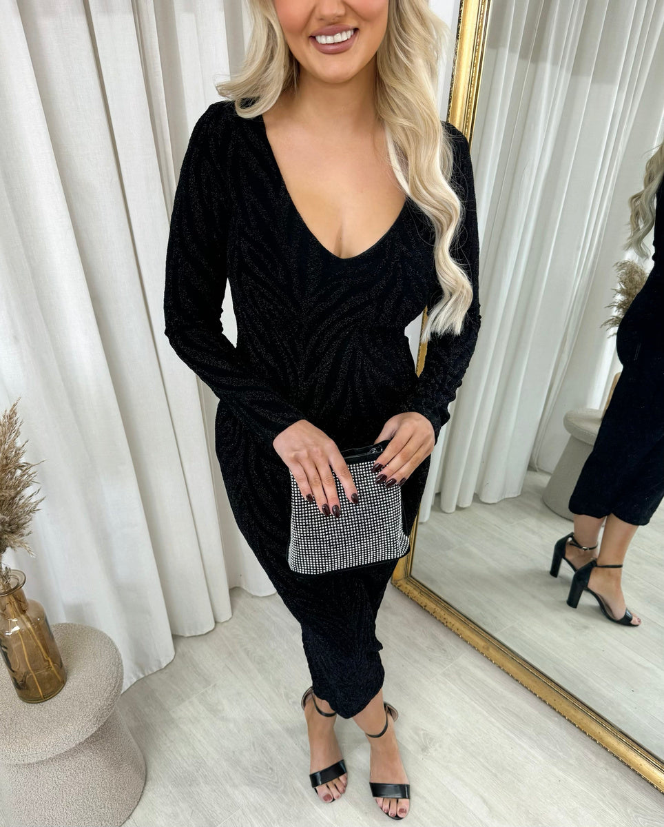 Printed V-Neck Long Sleeve Glitter Midi Dress - She Wears Glory Beverly Hills