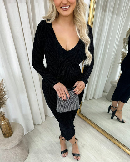 Printed V-Neck Long Sleeve Glitter Midi Dress - She Wears Glory Beverly Hills