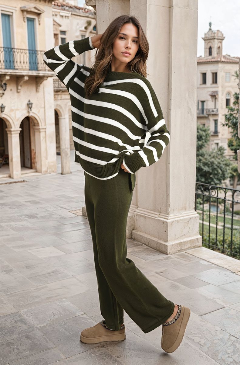 She Wears Glory™ Knitted Striped Long Sleeve Top and  Pants Co-ord Set