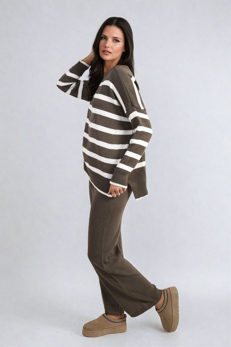 She Wears Glory™ Knitted Striped Long Sleeve Top and  Pants Co-ord Set