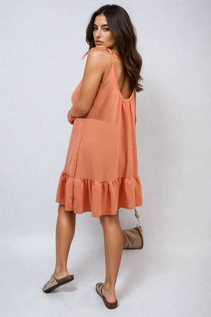She Wears Glory™ Backless Tie-up Spaghetti Strap Frill Hem Mini Dress