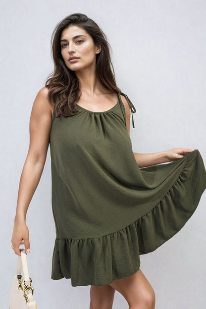 She Wears Glory™ Backless Tie-up Spaghetti Strap Frill Hem Mini Dress