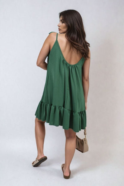 She Wears Glory™ Backless Tie-up Spaghetti Strap Frill Hem Mini Dress