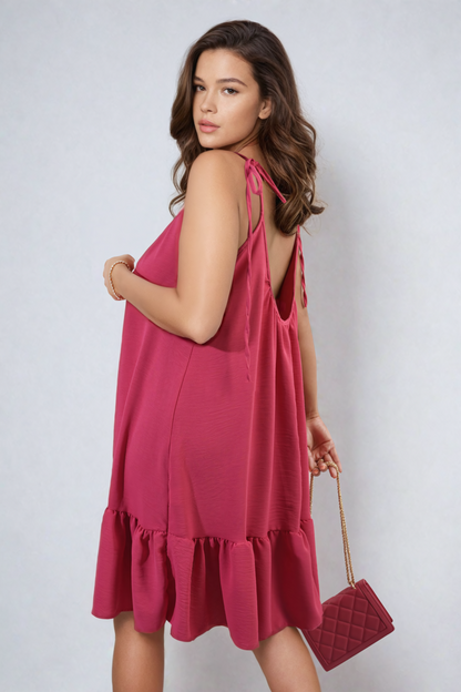 She Wears Glory™ Backless Tie-up Spaghetti Strap Frill Hem Mini Dress