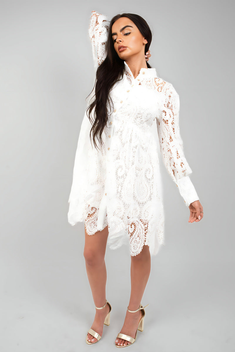 Button Up Lace Long Sleeve Mini Dress - She Wears Glory Beverly Hills