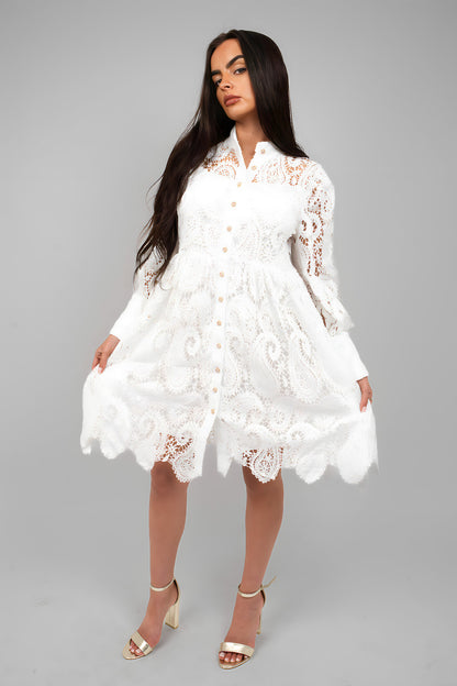 Button Up Lace Long Sleeve Mini Dress - She Wears Glory Beverly Hills