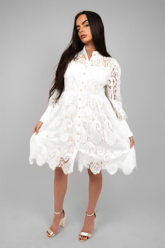 Button Up Lace Long Sleeve Mini Dress - She Wears Glory Beverly Hills