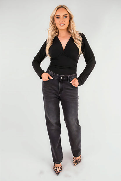 V-Neck Fitted Long Sleeve Bodysuit - She Wears Glory Beverly Hills