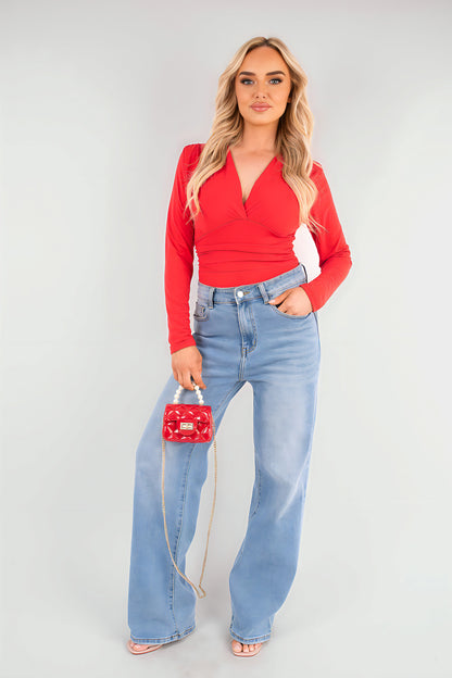 V-Neck Fitted Long Sleeve Bodysuit - She Wears Glory Beverly Hills