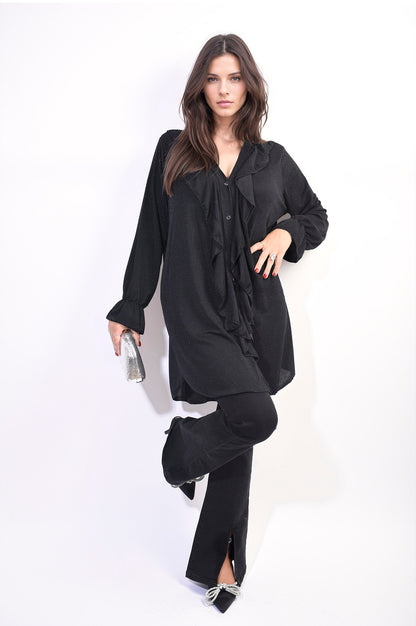 She Wears Glory™ Oversized Satin Ruffle Shirt Dress