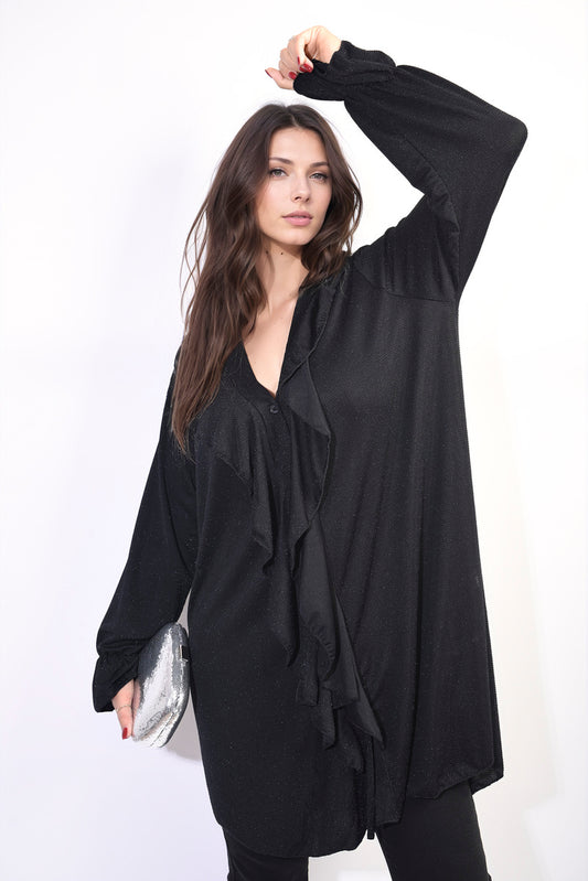 She Wears Glory™ Oversized Satin Ruffle Shirt Dress