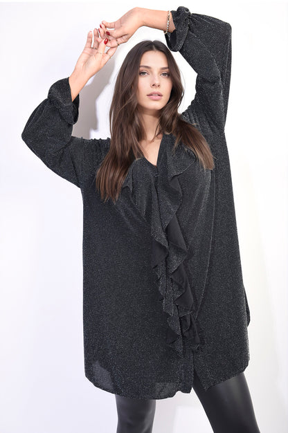 She Wears Glory™ Oversized Satin Ruffle Shirt Dress