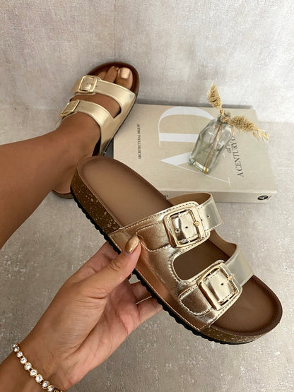 She Wears Glory™ Metallic Buckle Slide Sandals