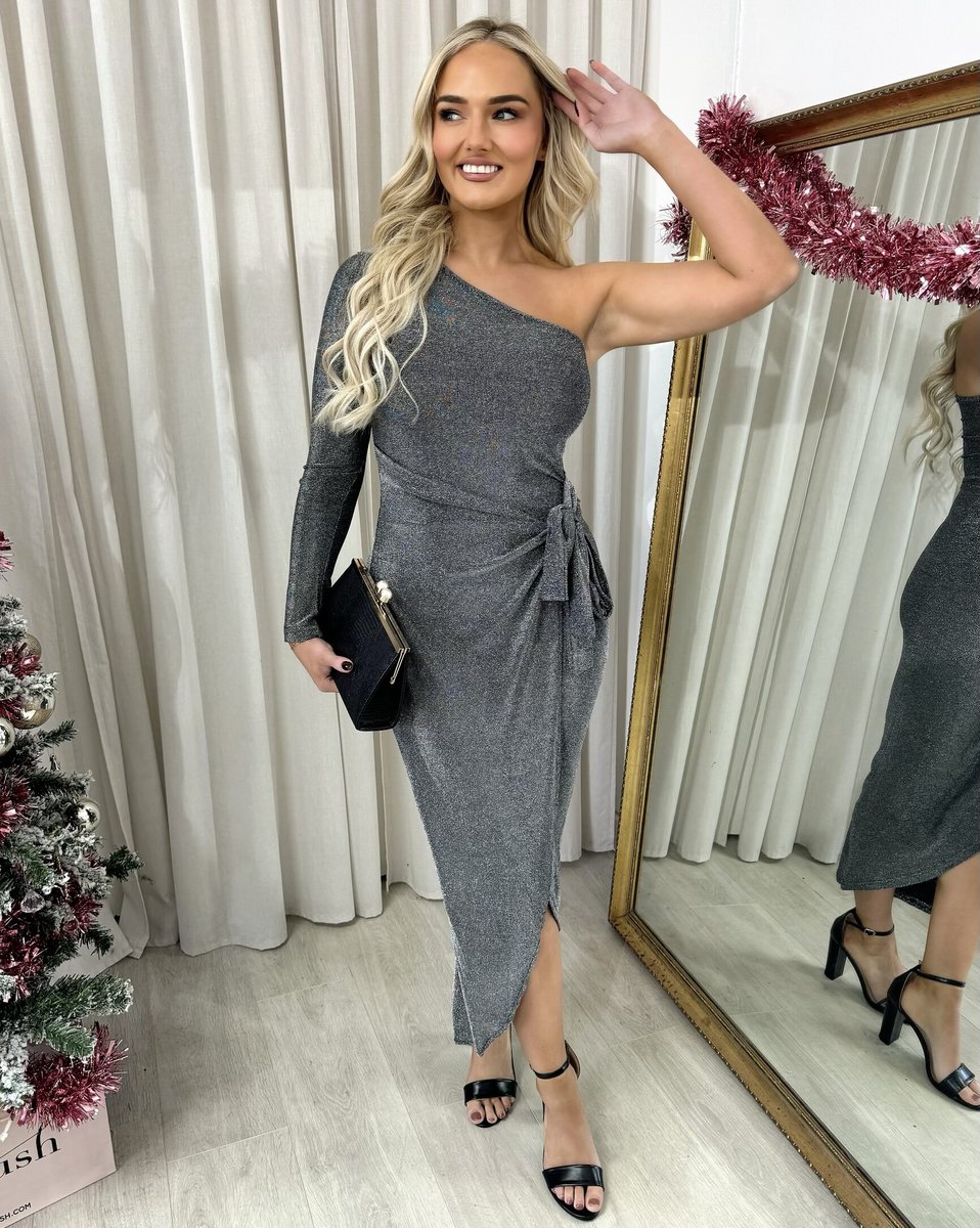 One Shoulder Wrap Front Glitter Midi Dress - She Wears Glory Beverly Hills