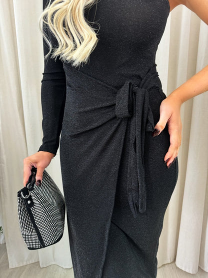 One Shoulder Wrap Front Glitter Midi Dress - She Wears Glory Beverly Hills