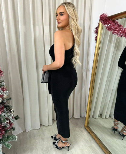 One Shoulder Wrap Front Glitter Midi Dress - She Wears Glory Beverly Hills