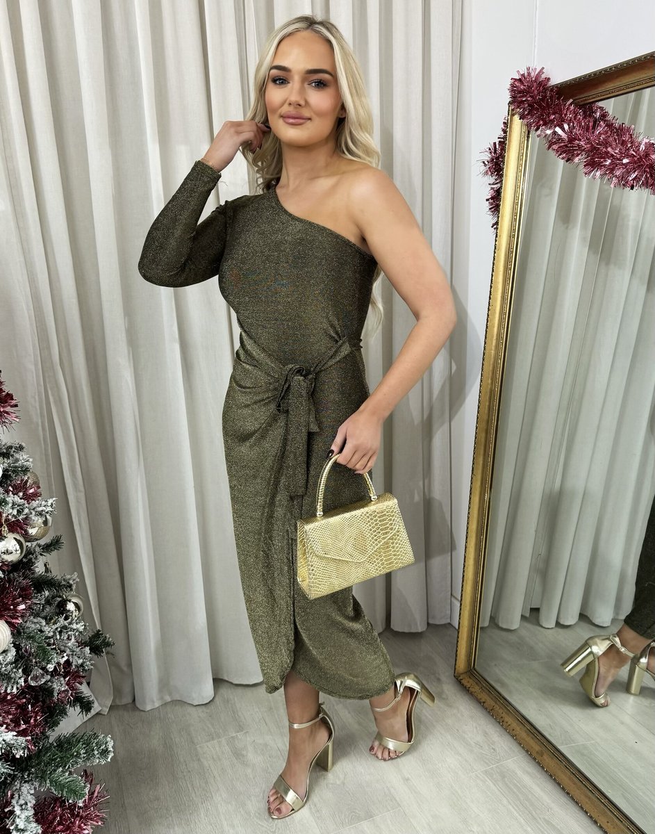 One Shoulder Wrap Front Glitter Midi Dress - She Wears Glory Beverly Hills
