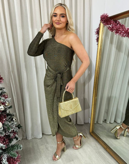 One Shoulder Wrap Front Glitter Midi Dress - She Wears Glory Beverly Hills
