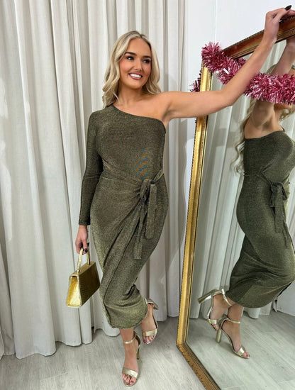 One Shoulder Wrap Front Glitter Midi Dress - She Wears Glory Beverly Hills