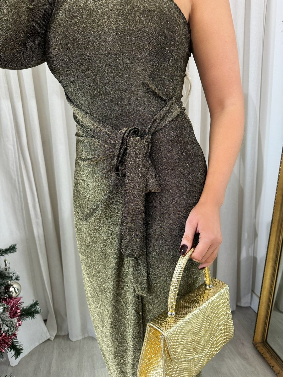 One Shoulder Wrap Front Glitter Midi Dress - She Wears Glory Beverly Hills