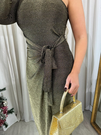 One Shoulder Wrap Front Glitter Midi Dress - She Wears Glory Beverly Hills
