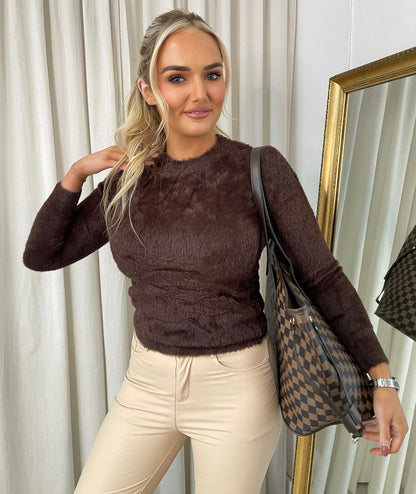Fitted Long Sleeve Fluffy Knitted Top - She Wears Glory Beverly Hills