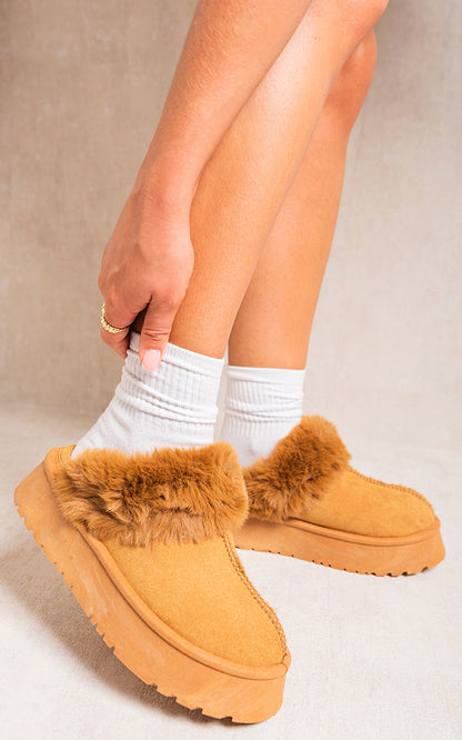 She Wears Glory™ Faux Fur Trim Whisp Chunky Platform Slippers