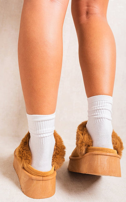 She Wears Glory™ Faux Fur Trim Whisp Chunky Platform Slippers