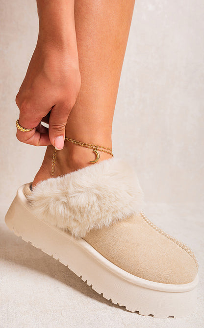 She Wears Glory™ Faux Fur Trim Whisp Chunky Platform Slippers