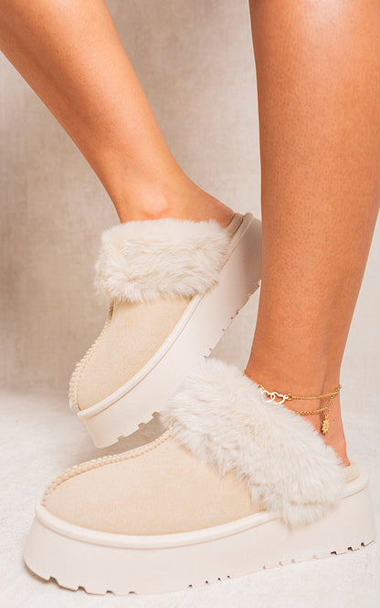 She Wears Glory™ Faux Fur Trim Whisp Chunky Platform Slippers