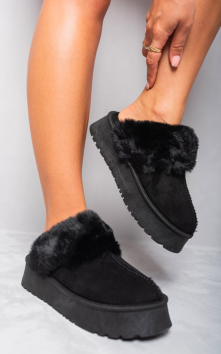 She Wears Glory™ Faux Fur Trim Whisp Chunky Platform Slippers