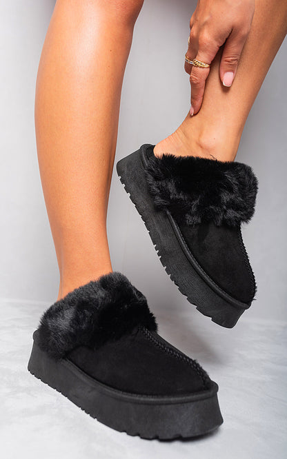 She Wears Glory™ Faux Fur Trim Whisp Chunky Platform Slippers