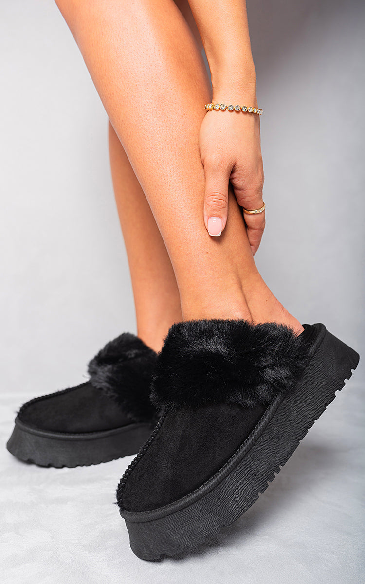 She Wears Glory™ Faux Fur Trim Whisp Chunky Platform Slippers