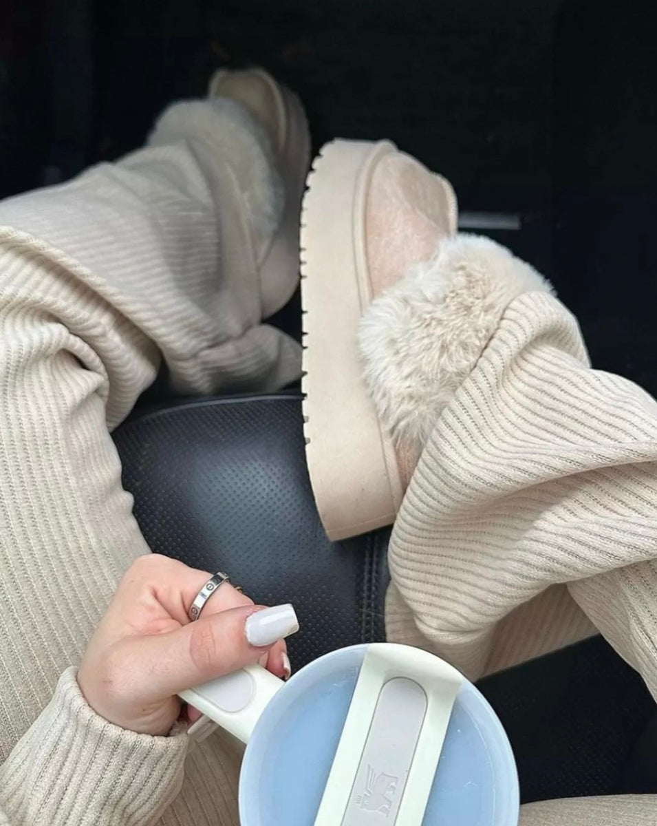 She Wears Glory™ Faux Fur Trim Whisp Chunky Platform Slippers